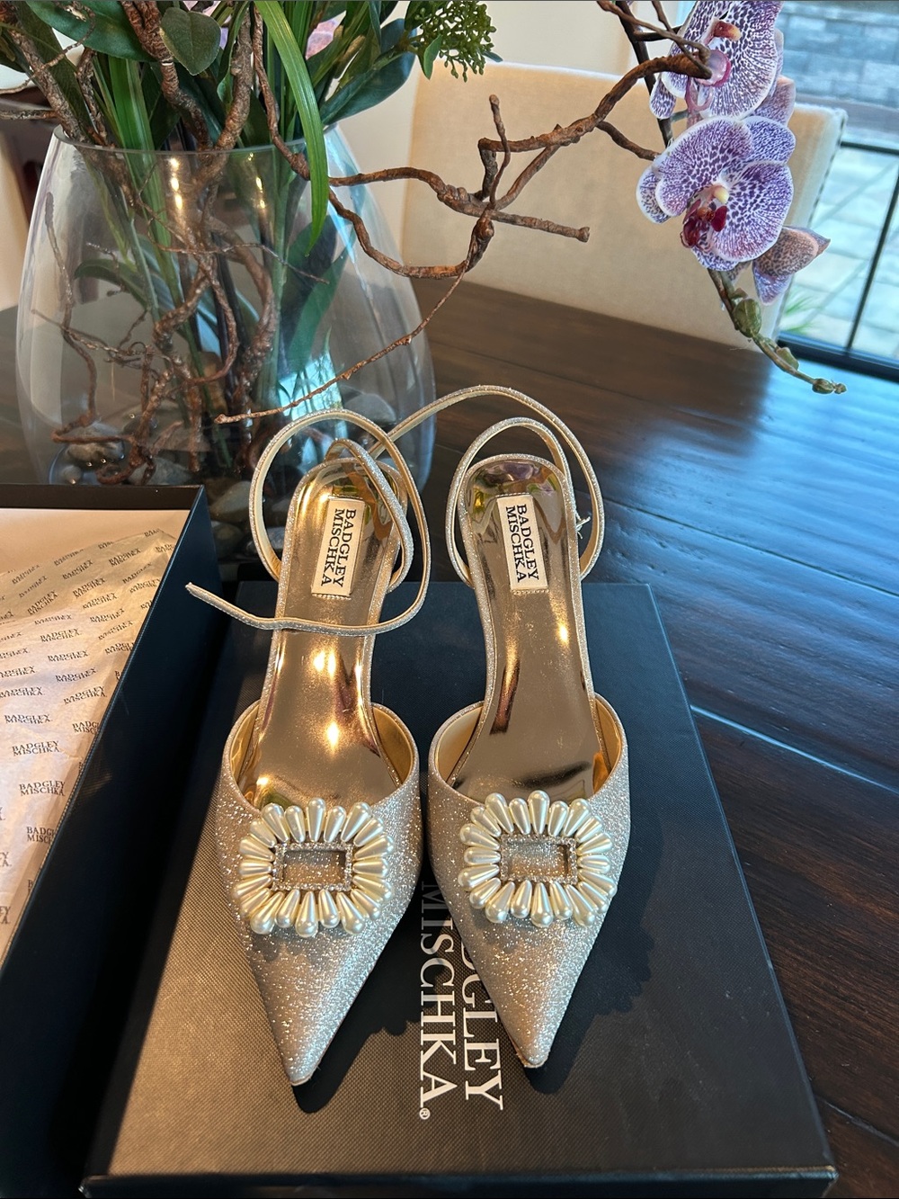 Badgley Mischka Gold Glitter Pointed-Toe Slingback Heels with Crystal Buckle